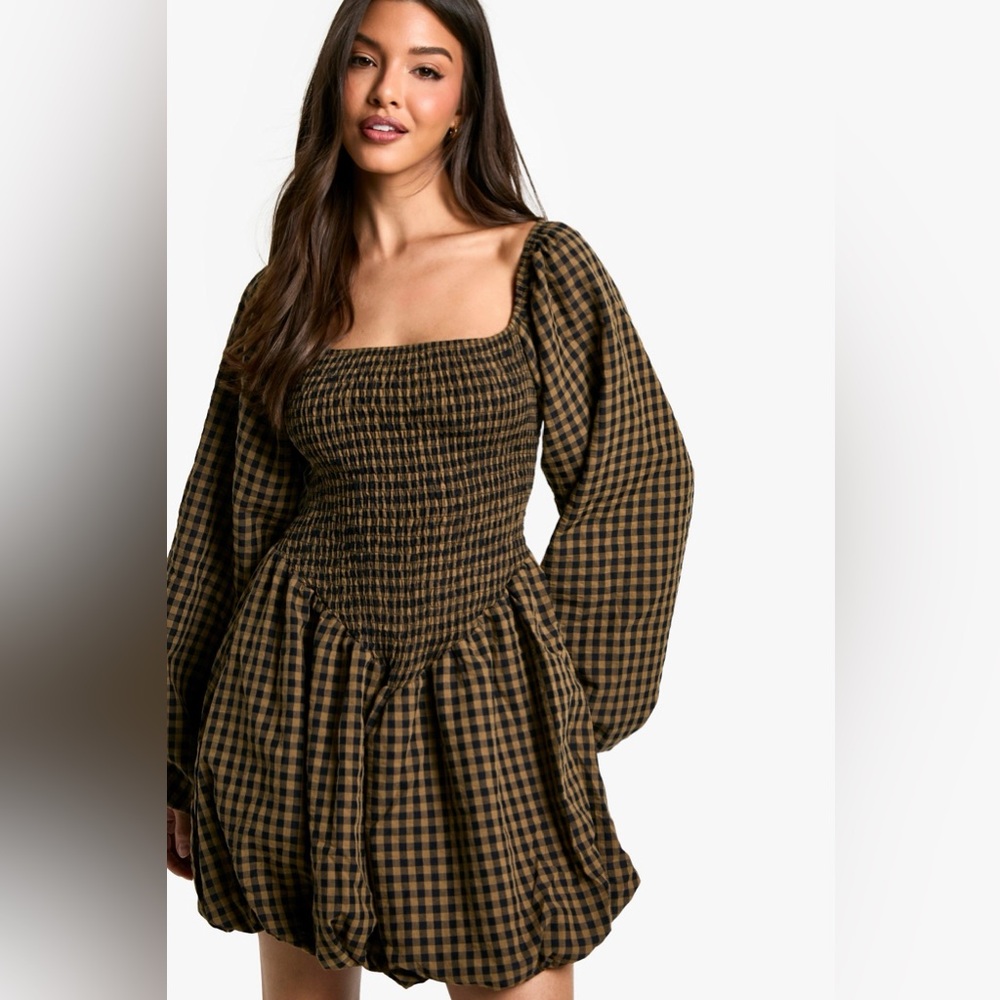 Check Shirred Long Sleeve Puff Sleeve Mini Dress